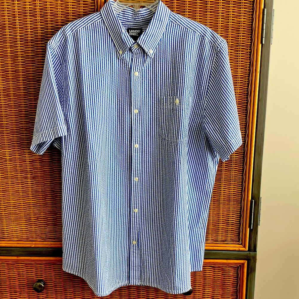 Lands' End Navy and White Striped Button-Up Shirt